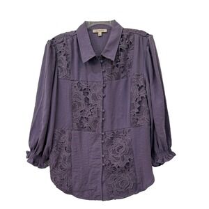 NWOT Indigo Thread Size Large Purple Lace Overlay Button Front Blouse